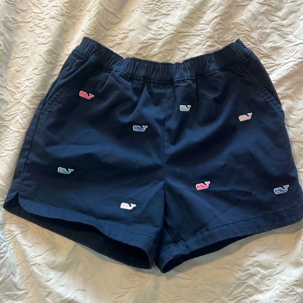 Vineyard Vines Navy Kids Shorts with Multicolor Whale Embroidery- Size Small